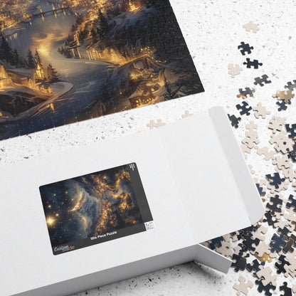 Fantasy Christmas Village Jigsaw Puzzle – Starry Night Snowy Mountain Town Holiday Gift