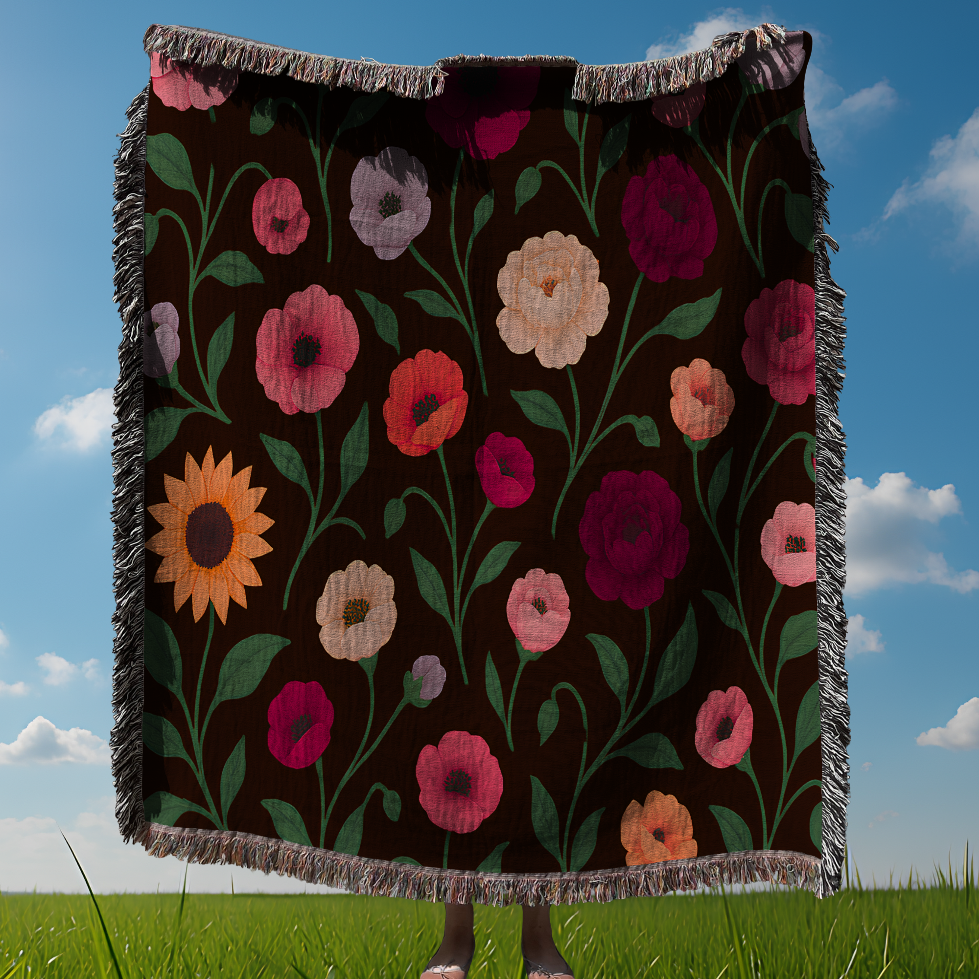 Sunflower Floral Woven Throw Blanket Boho Cottagecore Botanical Tapestry Couch Bed Gift for Her