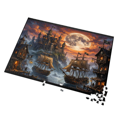 antasy pirate port puzzle wall art for reading nook, dark fantasy harbor jigsaw puzzle for cozy nights, pirate adventure puzzle gift for fantasy readers