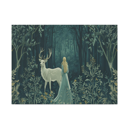 Enchanted Forest Stag & Maiden Canvas Wall Art Mystical Woodland Nature Lover Home Décor