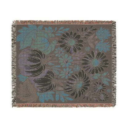 Pumpkin & Daisy Woven Throw Blanket – Cozy Autumn Harvest Farmhouse Fall Decor | Rustic Floral Tapestry