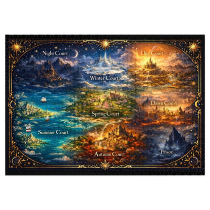 colorful fantasy kingdom map puzzle with decorative border, magical realms illustration puzzle designed for wall art display, fantasy map puzzle with seasonal landscape regions