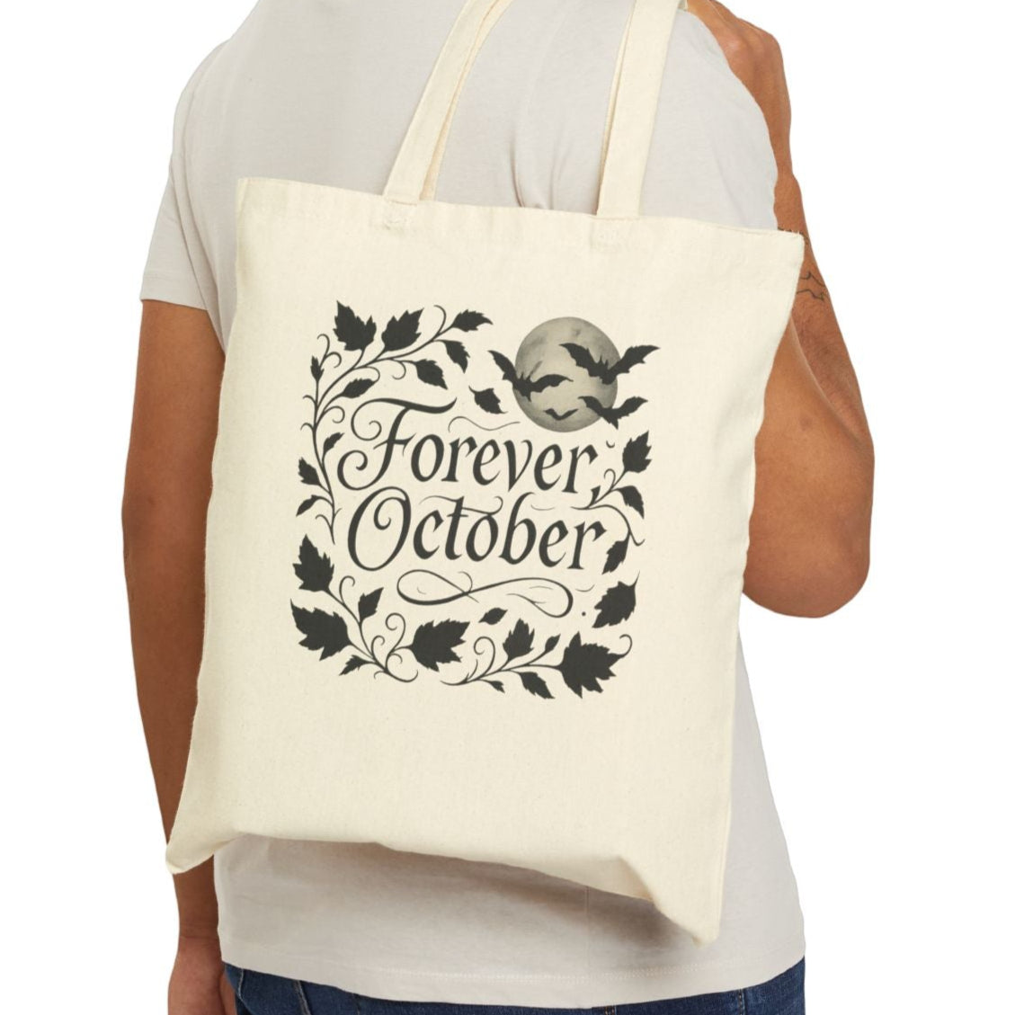 Forever October Canvas Tote Bag Eco-Friendly Fall Market Bag for Spooky Season & Everyday Use