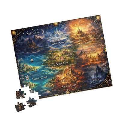 detailed fantasy world illustration jigsaw puzzle for adults, storybook fantasy map puzzle with glowing landscapes, cozy fantasy décor jigsaw puzzle for readers