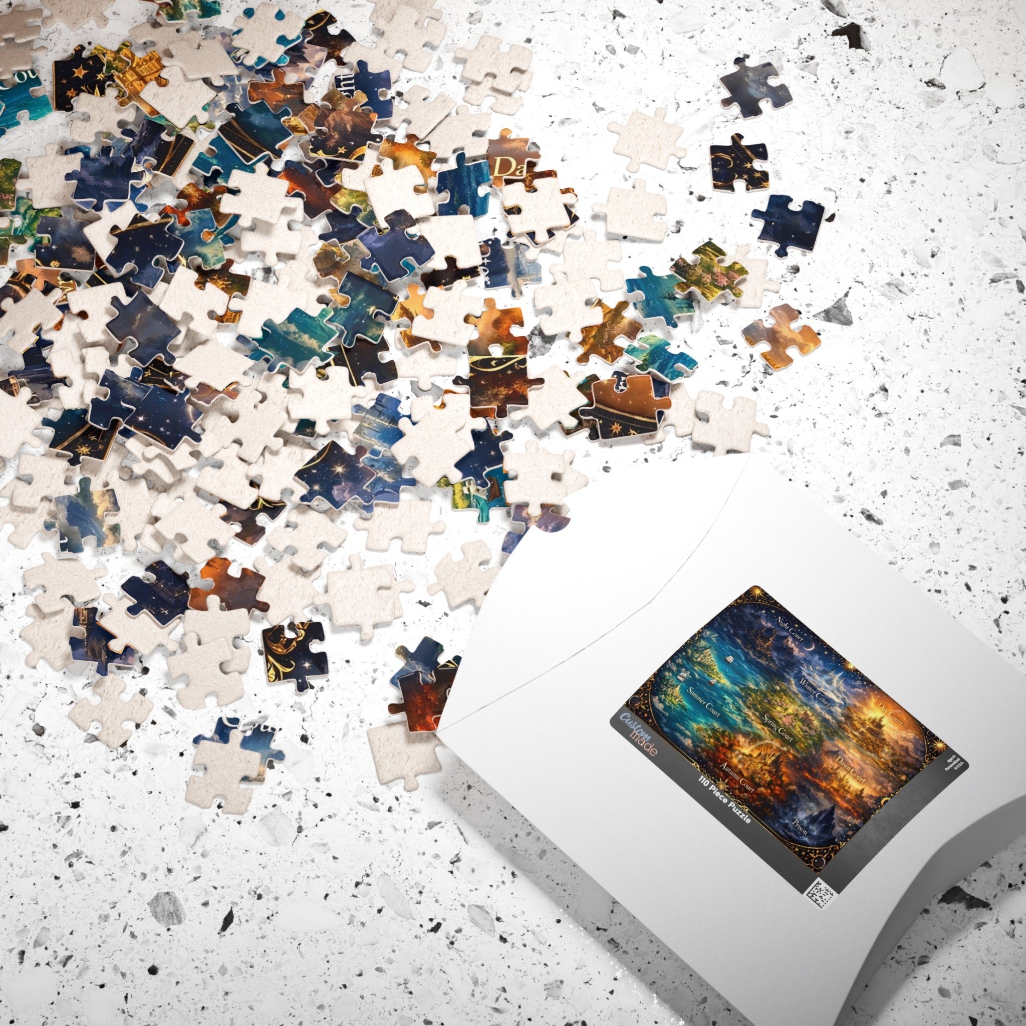 illustrated fantasy courts puzzle on light background, whimsical fantasy map wall art puzzle design, fantasy map jigsaw puzzle showing magical lands and castles