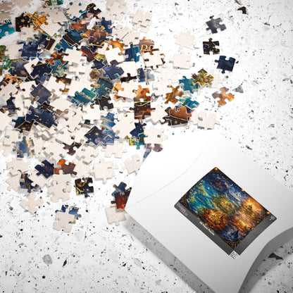 illustrated fantasy courts puzzle on light background, whimsical fantasy map wall art puzzle design, fantasy map jigsaw puzzle showing magical lands and castles
