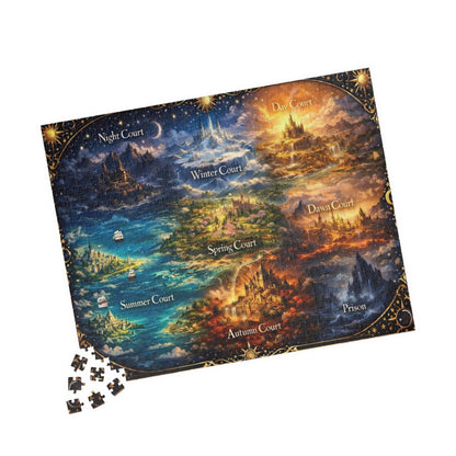 cozy reading nook fantasy puzzle artwork, magical courts fantasy map puzzle with decorative stars, adventure world fantasy puzzle illustration