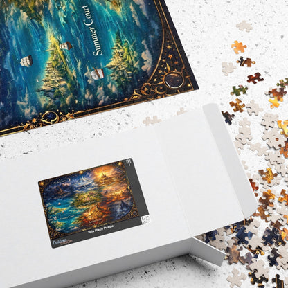 fantasy art puzzle showing seasonal kingdoms, fantasy story map jigsaw puzzle artwork, fantasy courts map wall art puzzle for book lovers