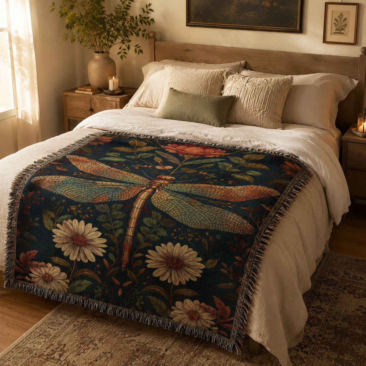 Dragonfly Wildflower Woven Throw Blanket – Heirloom Cotton Cottagecore Tapestry