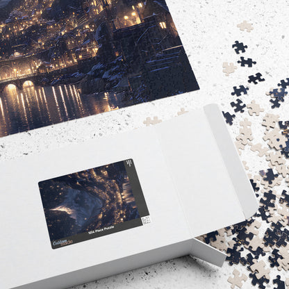 Fantasy Mountain Christmas Village Puzzle – Starry Night Snowy River Town Fairytale Jigsaw Gift