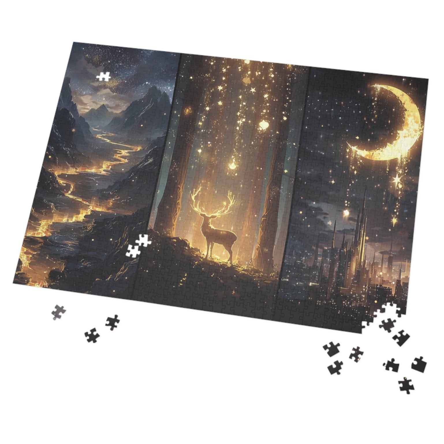 Throne of Glass Terrasen landscape puzzle art with enchanted mountains and starlit river design.