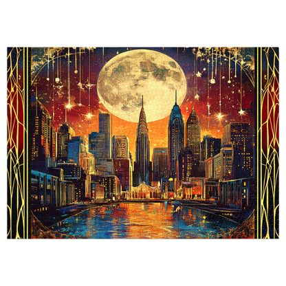 Midnight City Skyline Jigsaw Puzzle – Art Deco New York Puzzle Gift for Adults, Moonlit Wall Decor