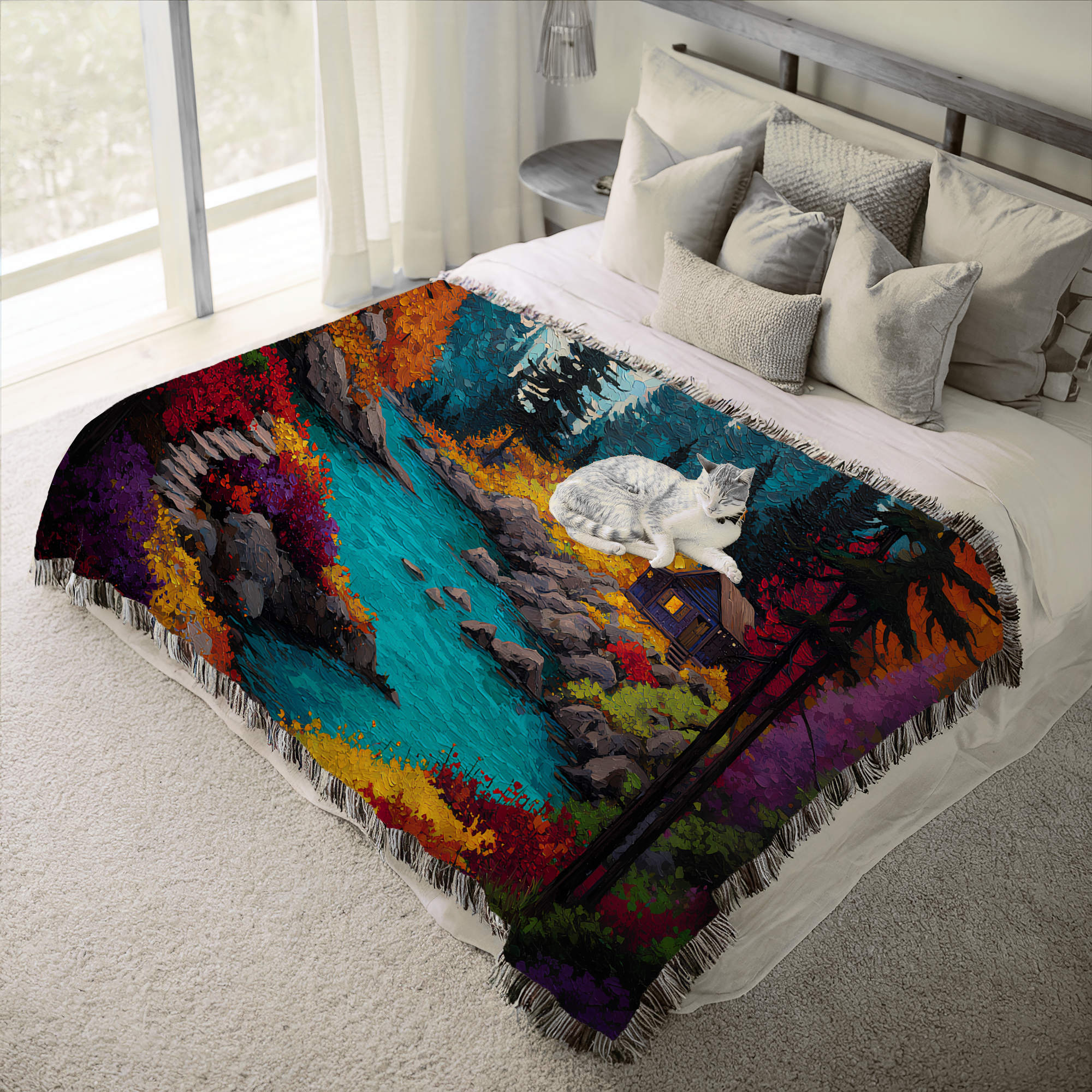 cozy cabin by the river woven blanket, rustic autumn mountain tapestry throw, colorful woodland cabin blanket decor