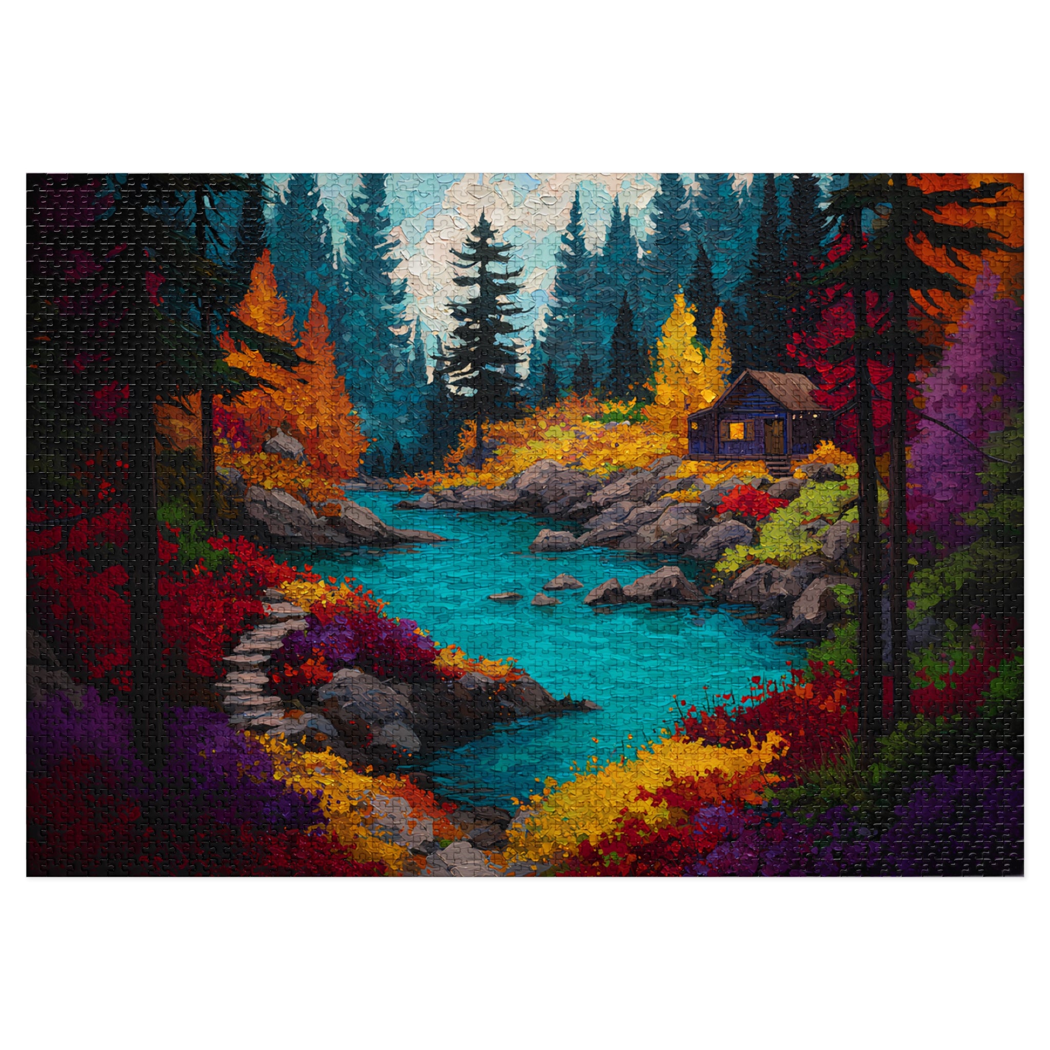 Autumn Cabin by the River Jigsaw Puzzle Cozy Fall Landscape Scene for Adults, Nature Retreat Gift