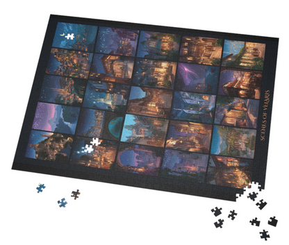 aesthetic puzzle décor for cozy home, glowing city at night jigsaw puzzle, small shop handmade fantasy puzzle