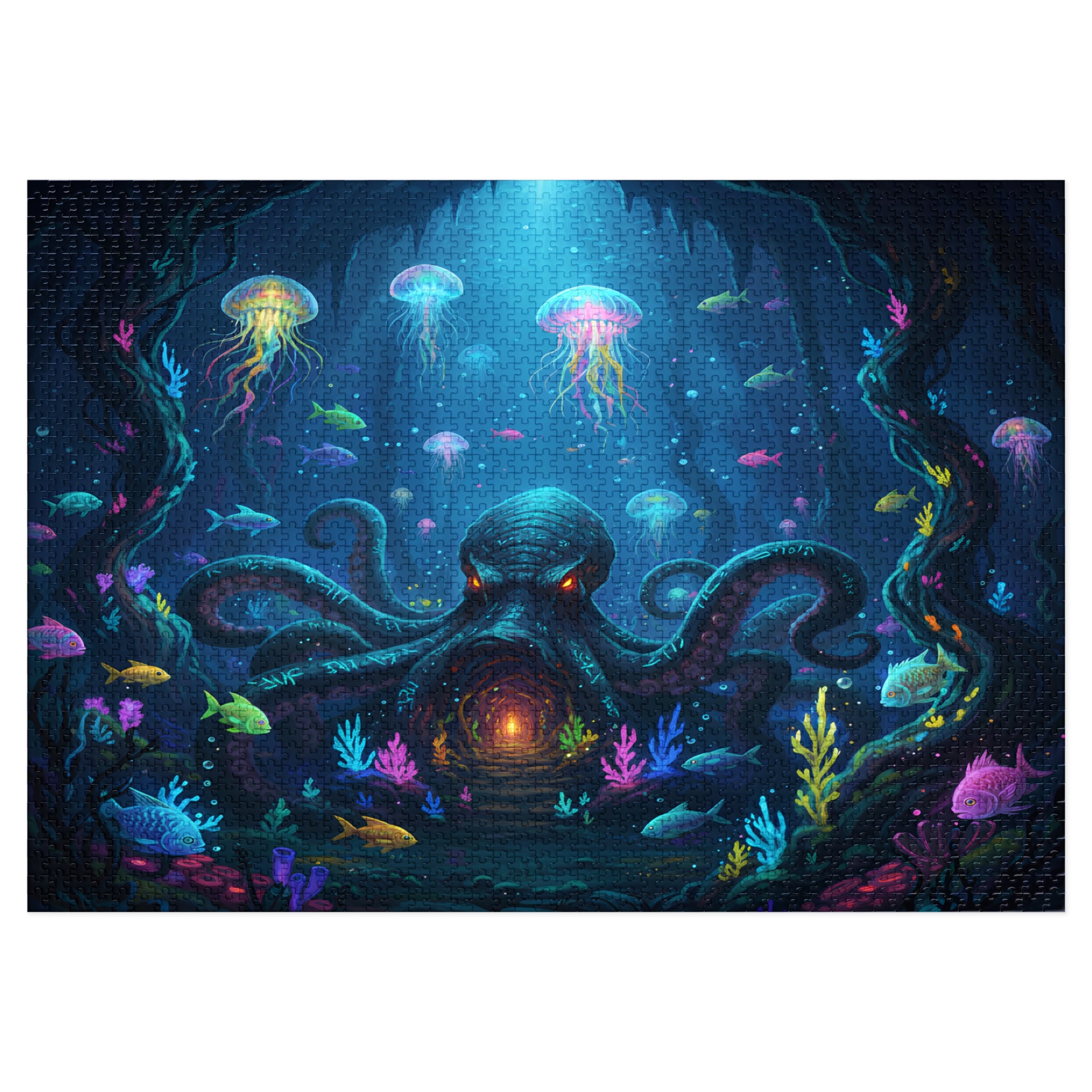 olorful underwater abyss art, glowing jellyfish fantasy puzzle