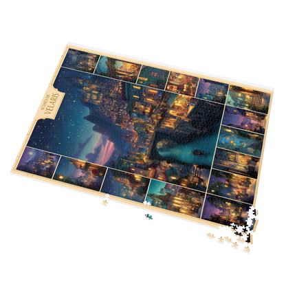 relaxing jigsaw puzzle with dreamy skyline, night city puzzle with lanterns and bridges, book lover gift puzzle with fantasy artwork