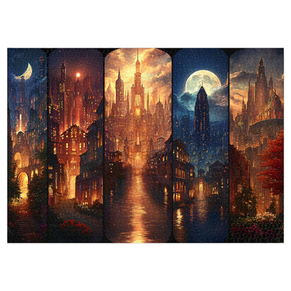 Scenes of Crescent City Fantasy Puzzle | Mystical Skyline Jigsaw with Moonlit Towers & River Lights