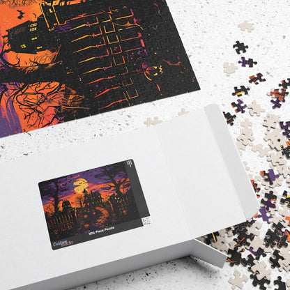Haunted Mansion Halloween Jigsaw Puzzle Spooky Moonlit Gothic House with Pumpkins, Bats & Autumn Night