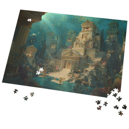 Jigsaw puzzle with completed pieces set against a white background. Ocean themed Atlantis puzzle with coral reef and golden city illustration.