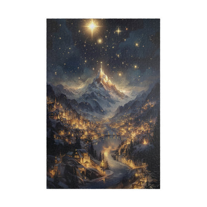 Fantasy Christmas Village Jigsaw Puzzle – Starry Night Snowy Mountain Town Holiday Gift