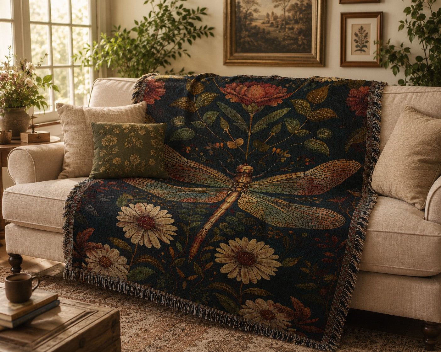 Dragonfly Wildflower Woven Throw Blanket – Heirloom Cotton Cottagecore Tapestry