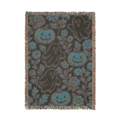 boho fall blanket with pumpkin and ghost design, autumn woven blanket with vintage floral and jack o lanterns