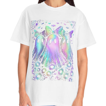 Pastel Rainbow Ghost Halloween Shirt for Women – Cute Spooky Season Tee with Bows & Floral Aesthetic