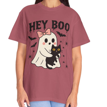 Hey Boo Ghost Shirt with Cat | Cute Halloween Tee for Women | Pastel Spooky Season Fall T-Shirt