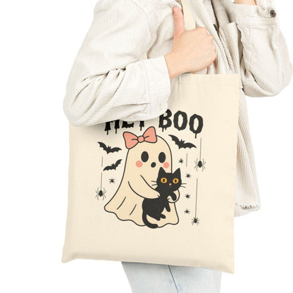 Cute Ghost & Black Cat Halloween Tote Bag | Fall Canvas Bag for Her | Reusable Trick-or-Treat Shopper