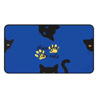 cute cat themed desk mat with green and blue eyed cats