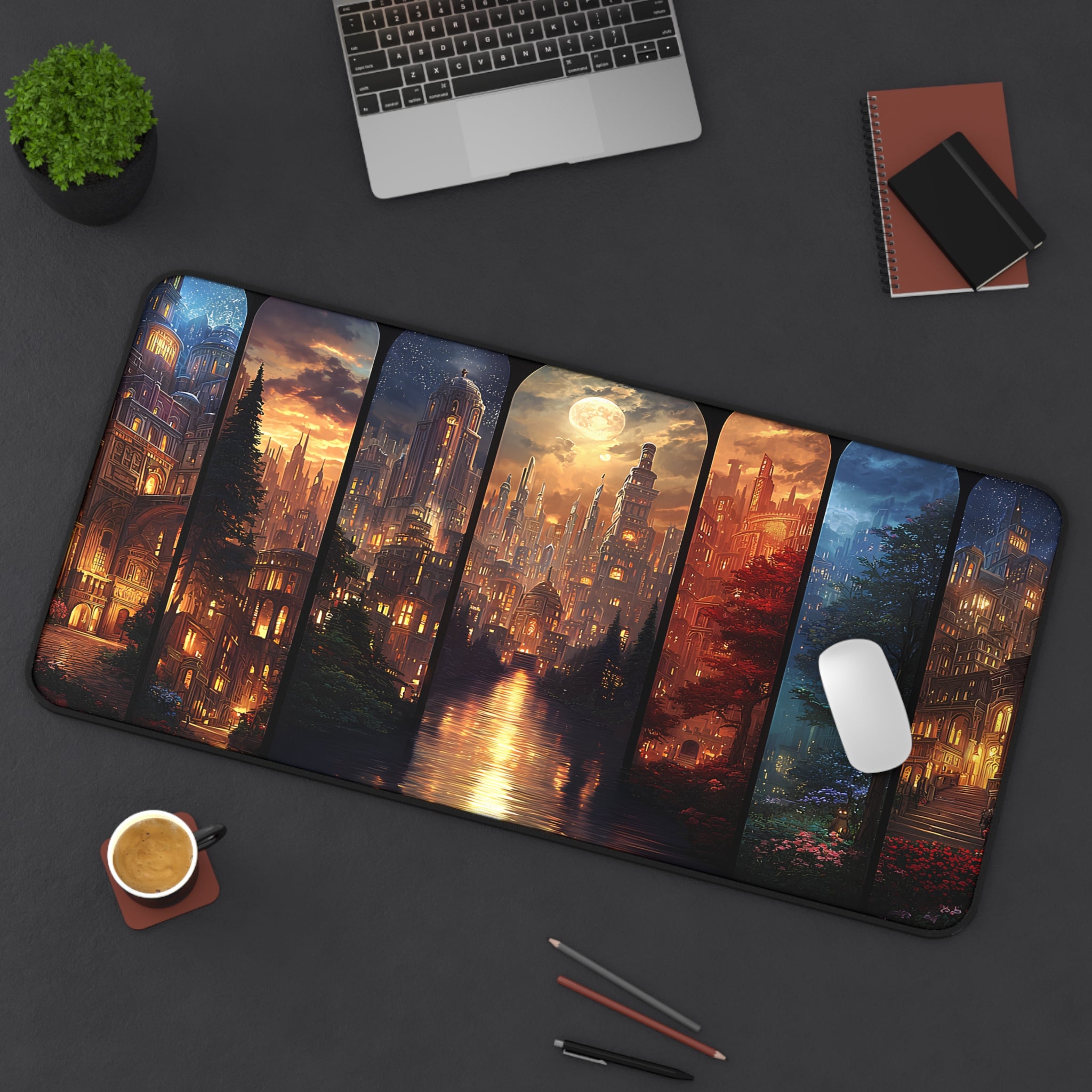 Crescent City book lover desk mat with night sky art, oversized fantasy desk mat for cozy workspaces