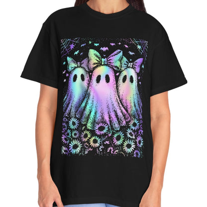 Pastel Rainbow Ghost Halloween Shirt for Women – Cute Spooky Season Tee with Bows & Floral Aesthetic