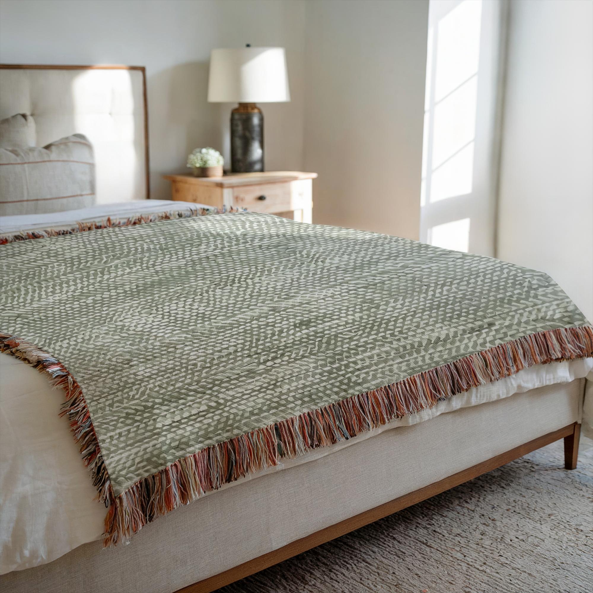 sage green woven throw blanket for modern farmhouse decor, soft sage green throw blanket for couch and bed, woven cotton sage green blanket with artisan fringe