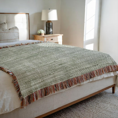 sage green woven throw blanket for modern farmhouse decor, soft sage green throw blanket for couch and bed, woven cotton sage green blanket with artisan fringe
