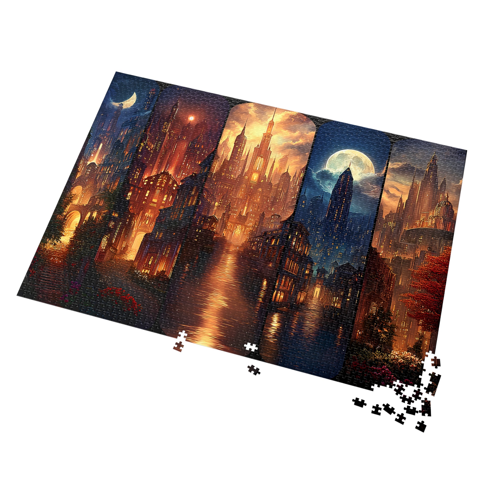 Scenes of Crescent City Fantasy Puzzle | Mystical Skyline Jigsaw with Moonlit Towers & River Lights