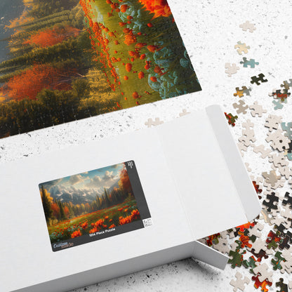 relaxing mountain meadow jigsaw puzzle for adults, scenic nature art puzzle with flowers and mountains, autumn landscape jigsaw for cozy night