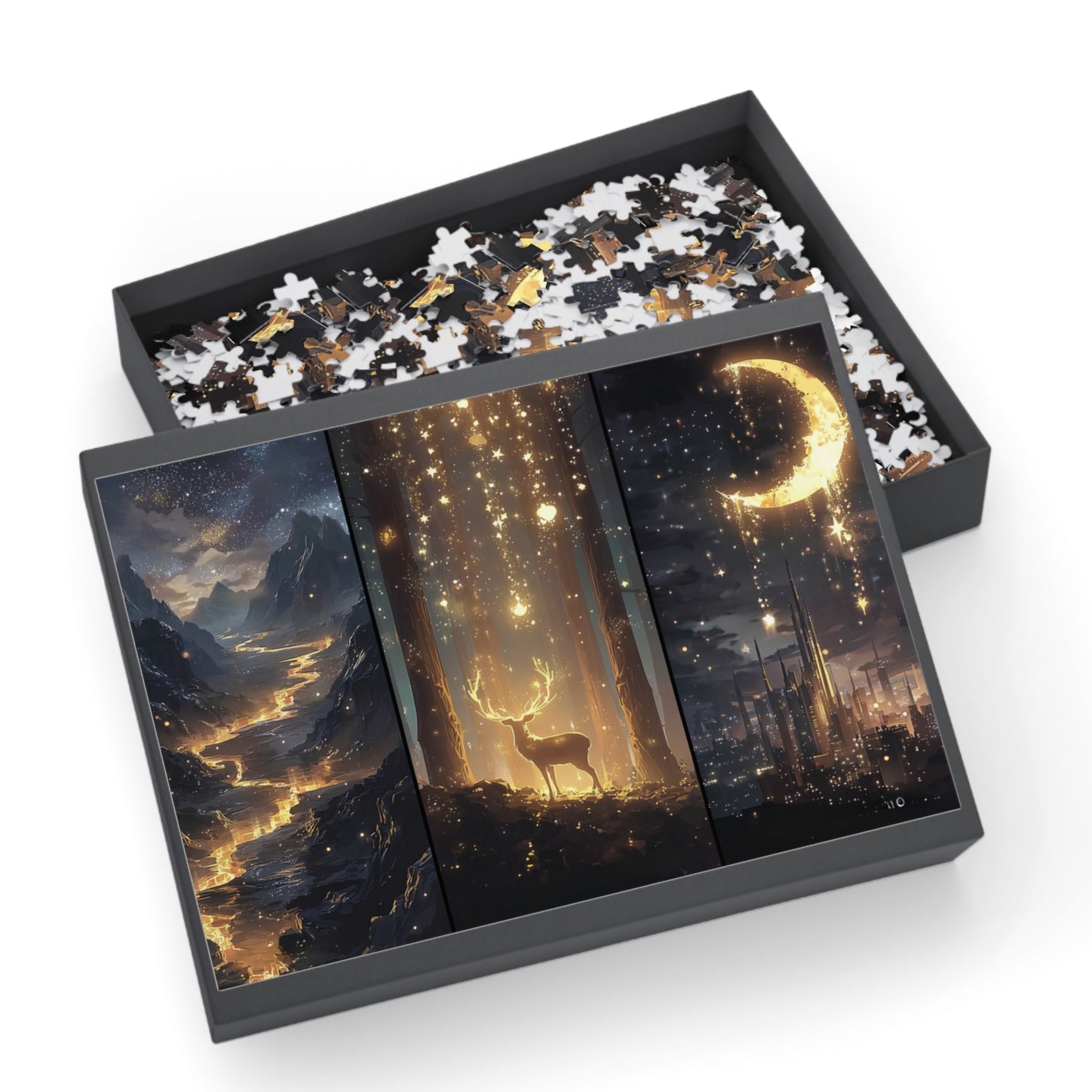 Enchanted night sky fantasy puzzle featuring a glowing stag in a starlit forest, a crescent moon cityscape, and golden river — romantasy jigsaw inspired by ACOTAR and Crescent City.
