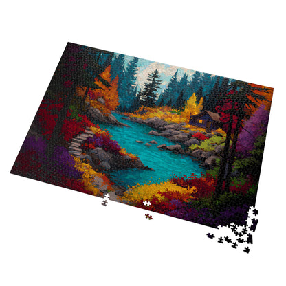 Autumn Cabin by the River Jigsaw Puzzle Cozy Fall Landscape Scene for Adults, Nature Retreat Gift