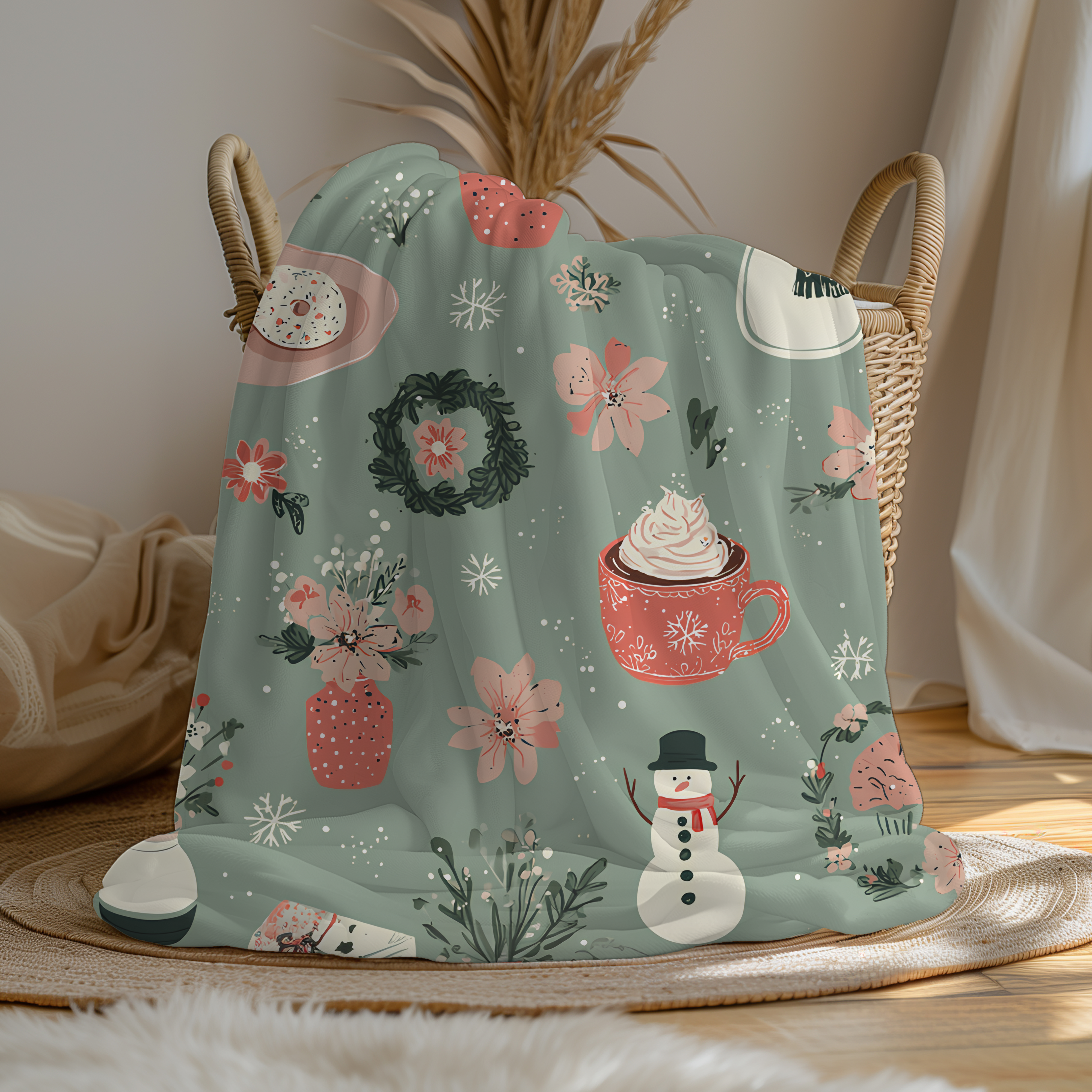 Cozy Velveteen Christmas Blanket – Snowman Cocoa Floral Holiday Throw, Cottagecore Winter Decor