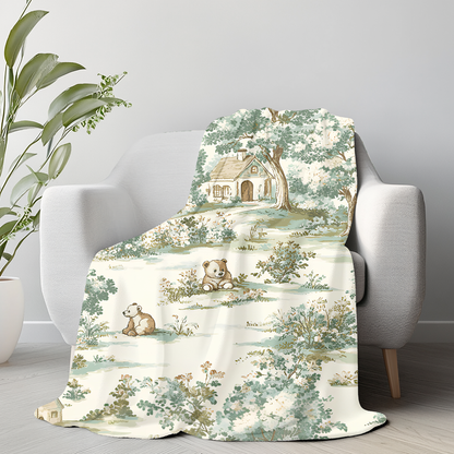 nostalgic baby blanket for new moms and grandmas, teddy bear toile fleece throw for farmhouse homes, gender-neutral baby shower gift idea under $50, cozy pastel blanket for vintage nursery décor