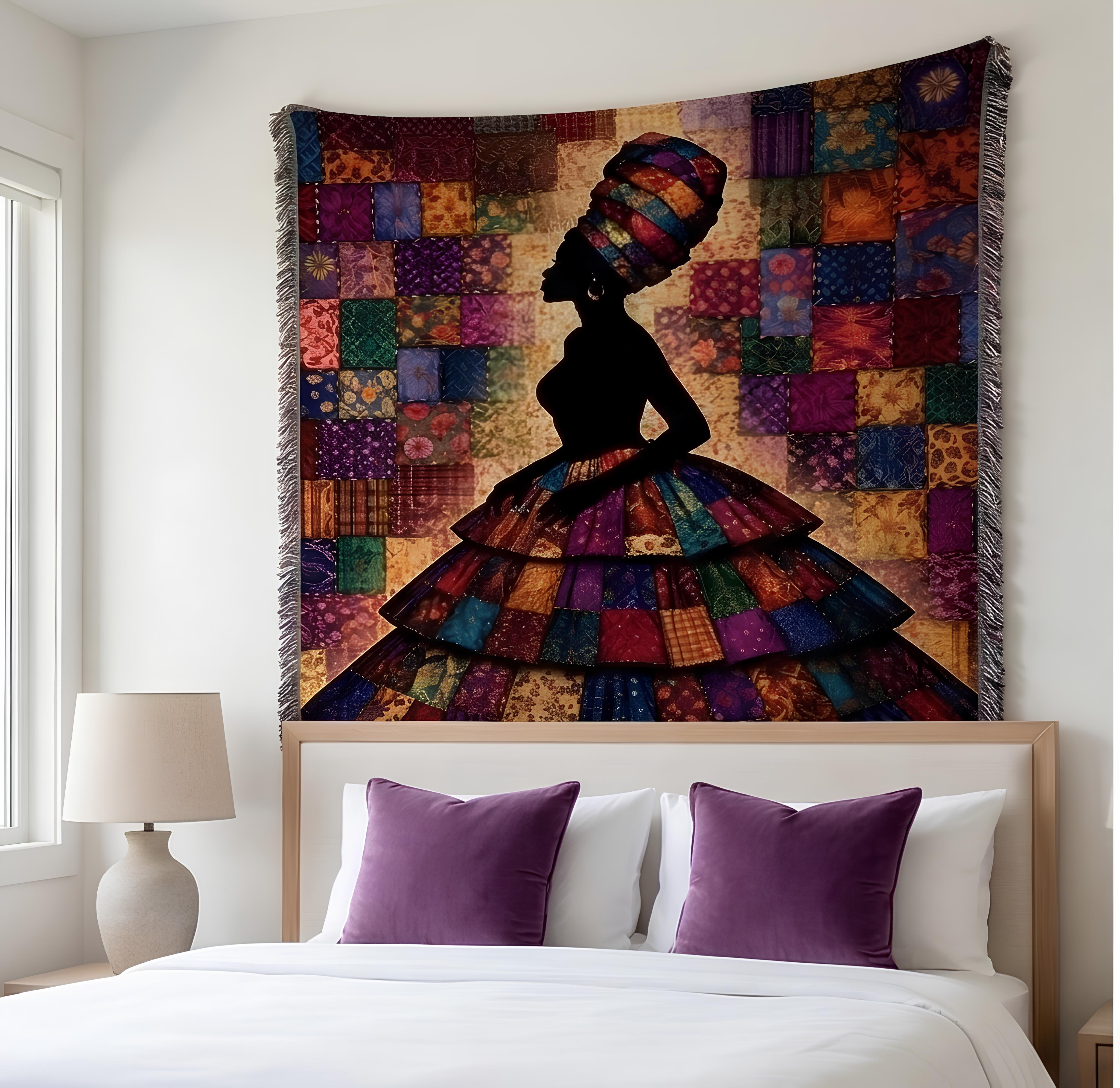 cultural heritage art textile blanket, maximalist living room woven throw, colorful patchwork silhouette tapestry