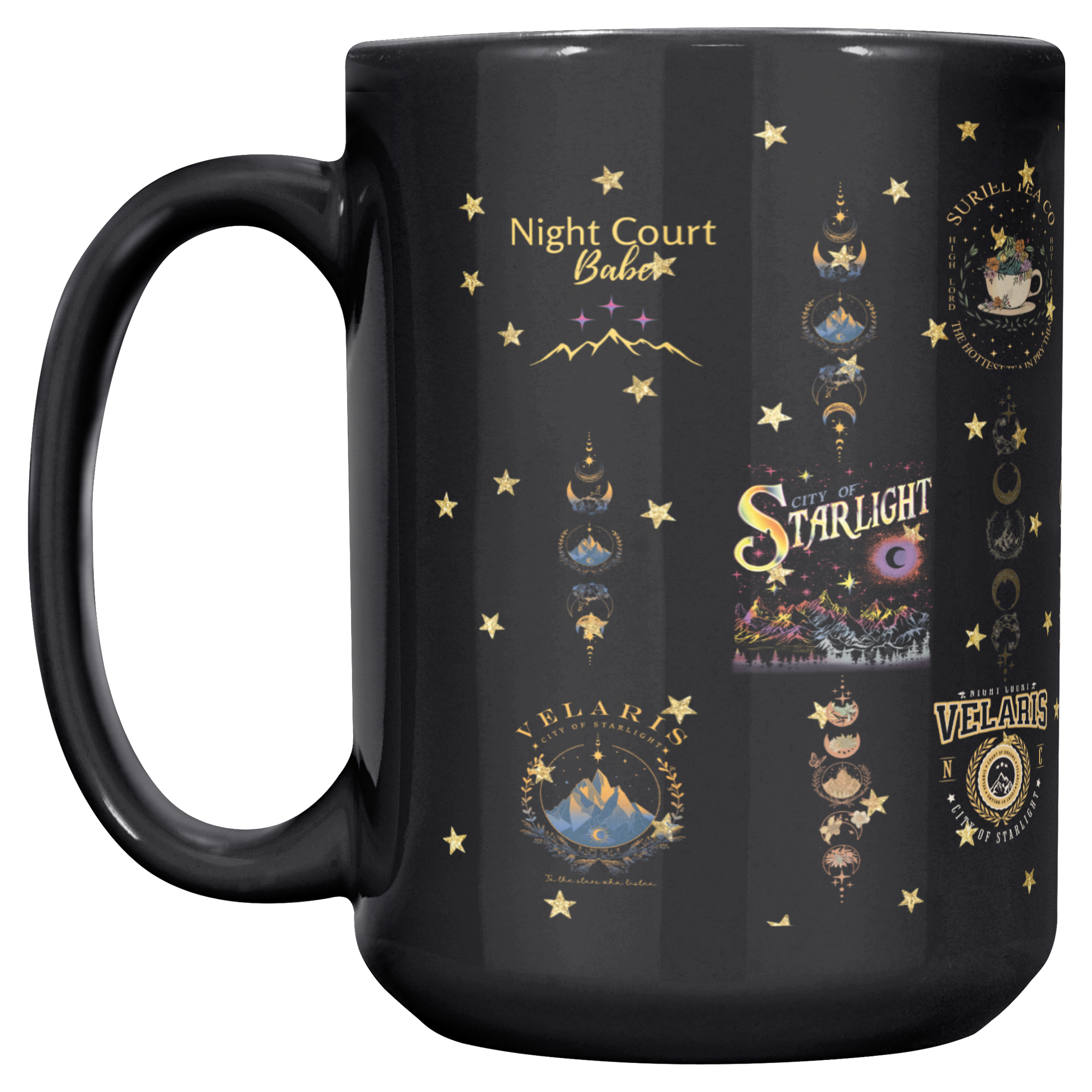 glossy black ceramic mug for coffee and tea, celestial book lover gift mug, cozy bookish mug for morning rituals, glossy starry mug for fantasy fans