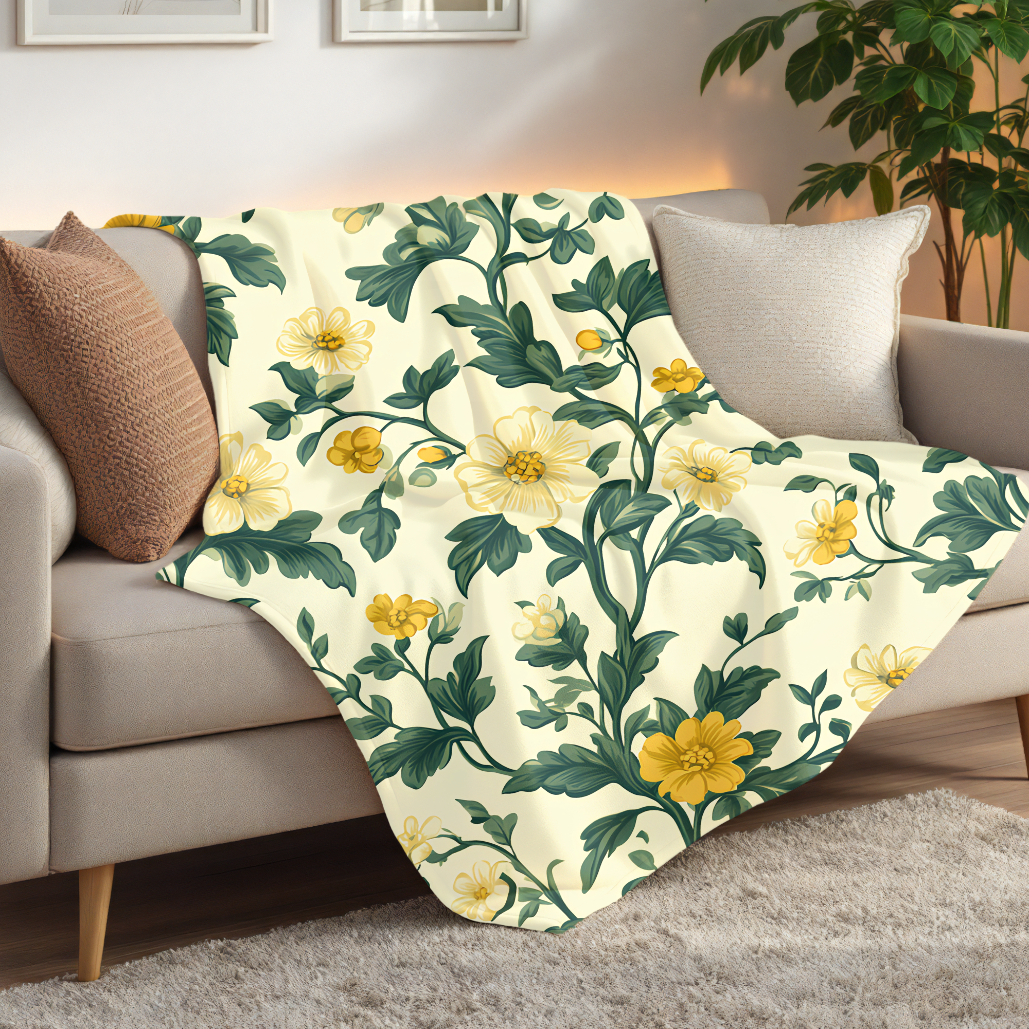 soft yellow toile blanket displayed in warm home setting, cozy cottage blanket folded beside wicker basket