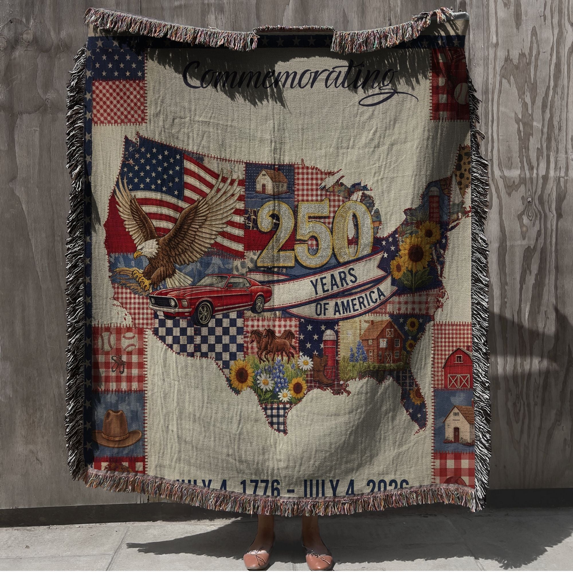 patriotic woven blanket celebrating 250 years of American independence displayed as Americana home decor, let freedom ring patriotic woven throw blanket with eagle and USA map design