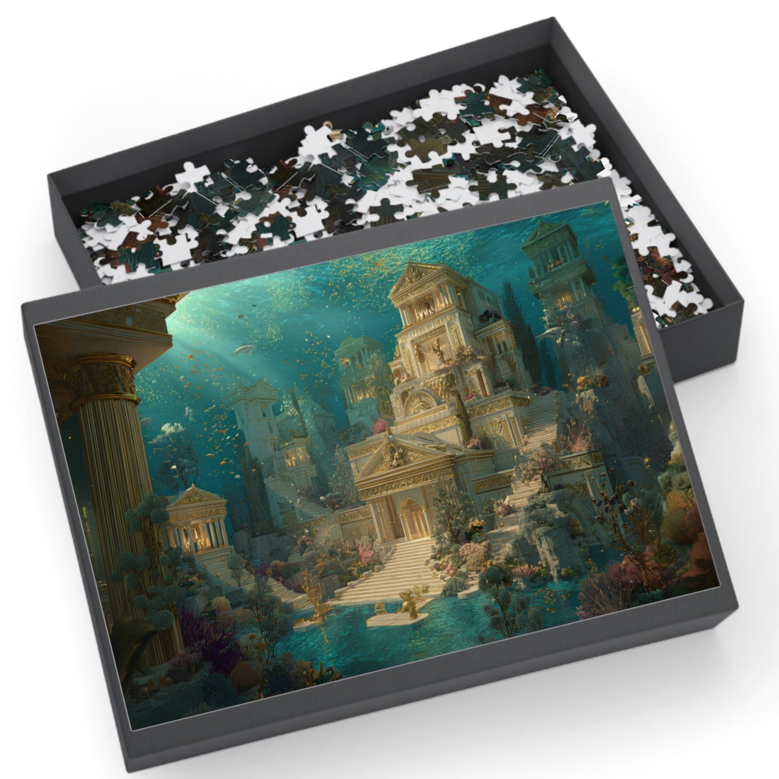 Jigsaw puzzle with completed pieces showing an underwater scene with classical architecture, in a black box. Lost City of Atlantis fantasy jigsaw puzzle box with underwater artwork