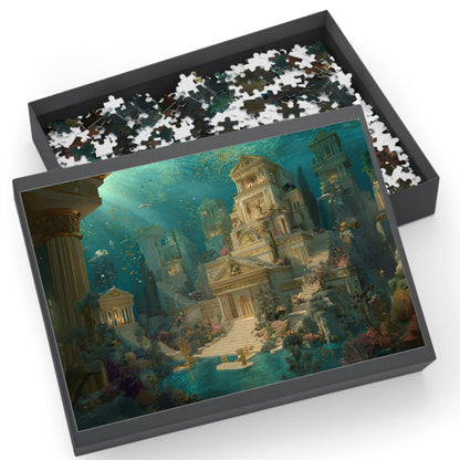 Jigsaw puzzle with completed pieces showing an underwater scene with classical architecture, in a black box. Lost City of Atlantis fantasy jigsaw puzzle box with underwater artwork