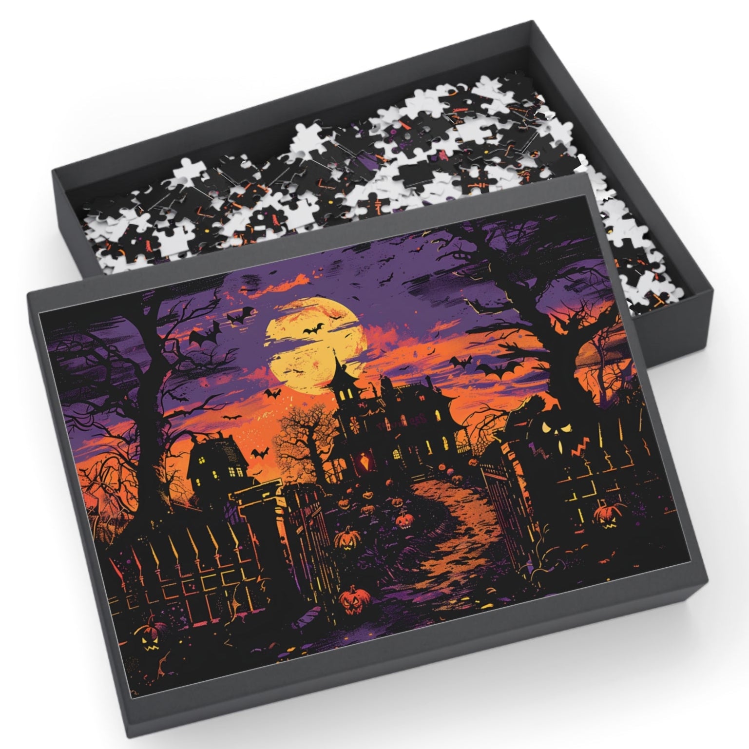 Haunted Mansion Halloween Jigsaw Puzzle Spooky Moonlit Gothic House with Pumpkins, Bats & Autumn Night