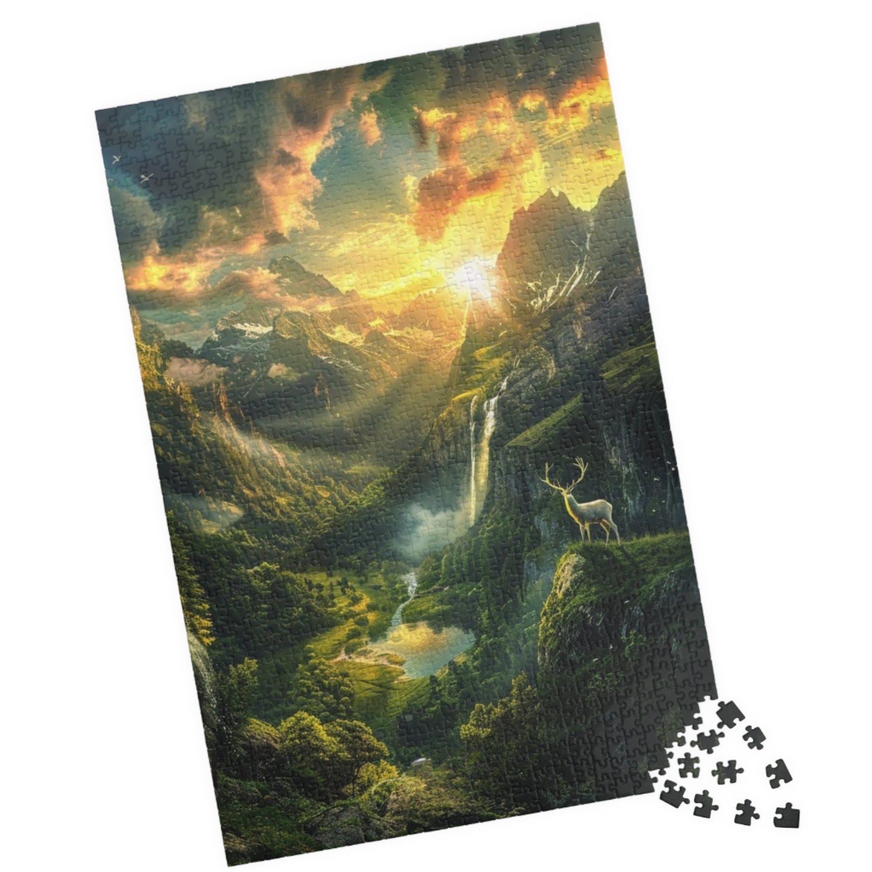 Fantasy Nature Jigsaw Puzzle Sunset Mountains Waterfall Stag Art Gift for Adults Home Decor