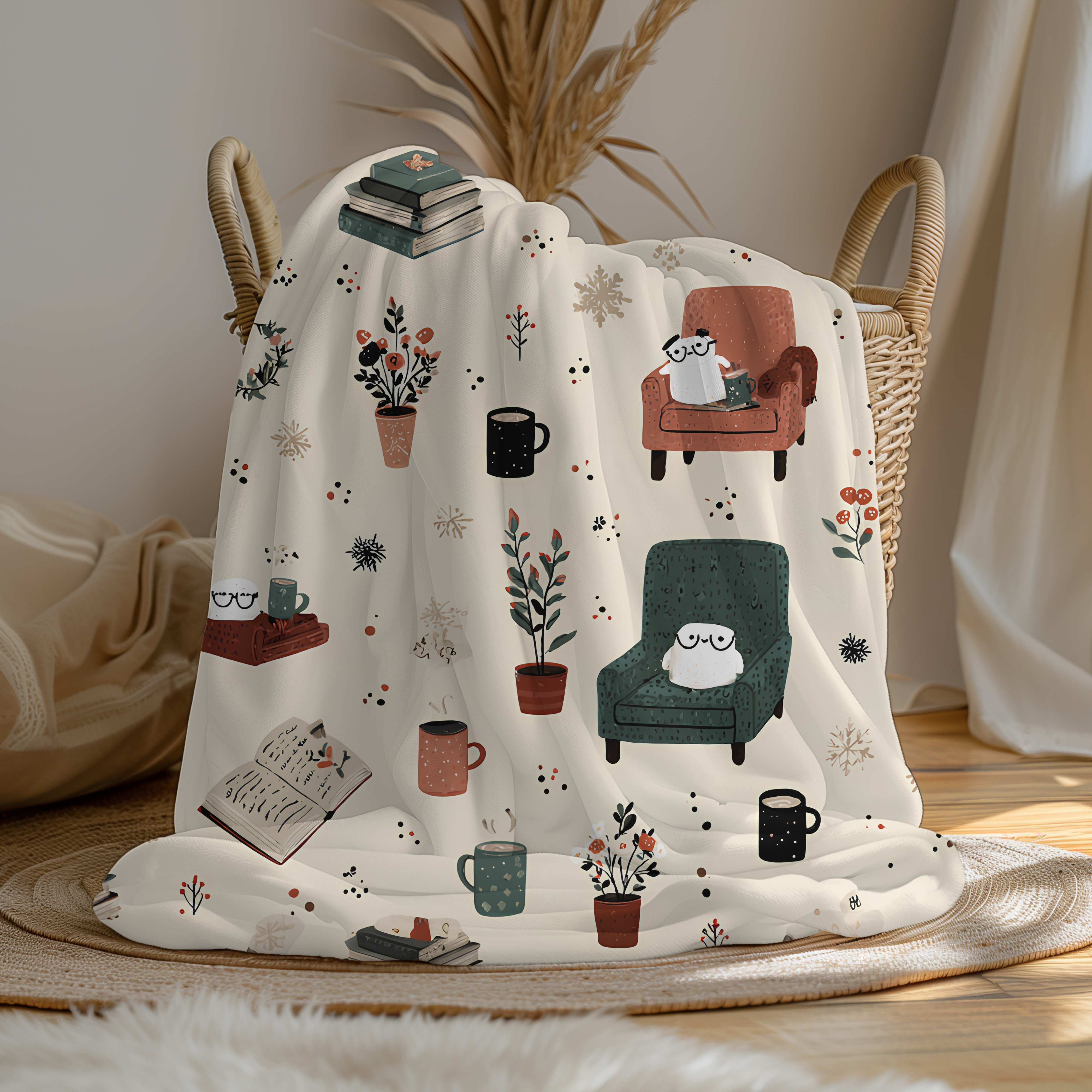 Cozy Velveteen Christmas Blanket Snowman Cocoa Winter Holiday Throw Cottagecore Decor
